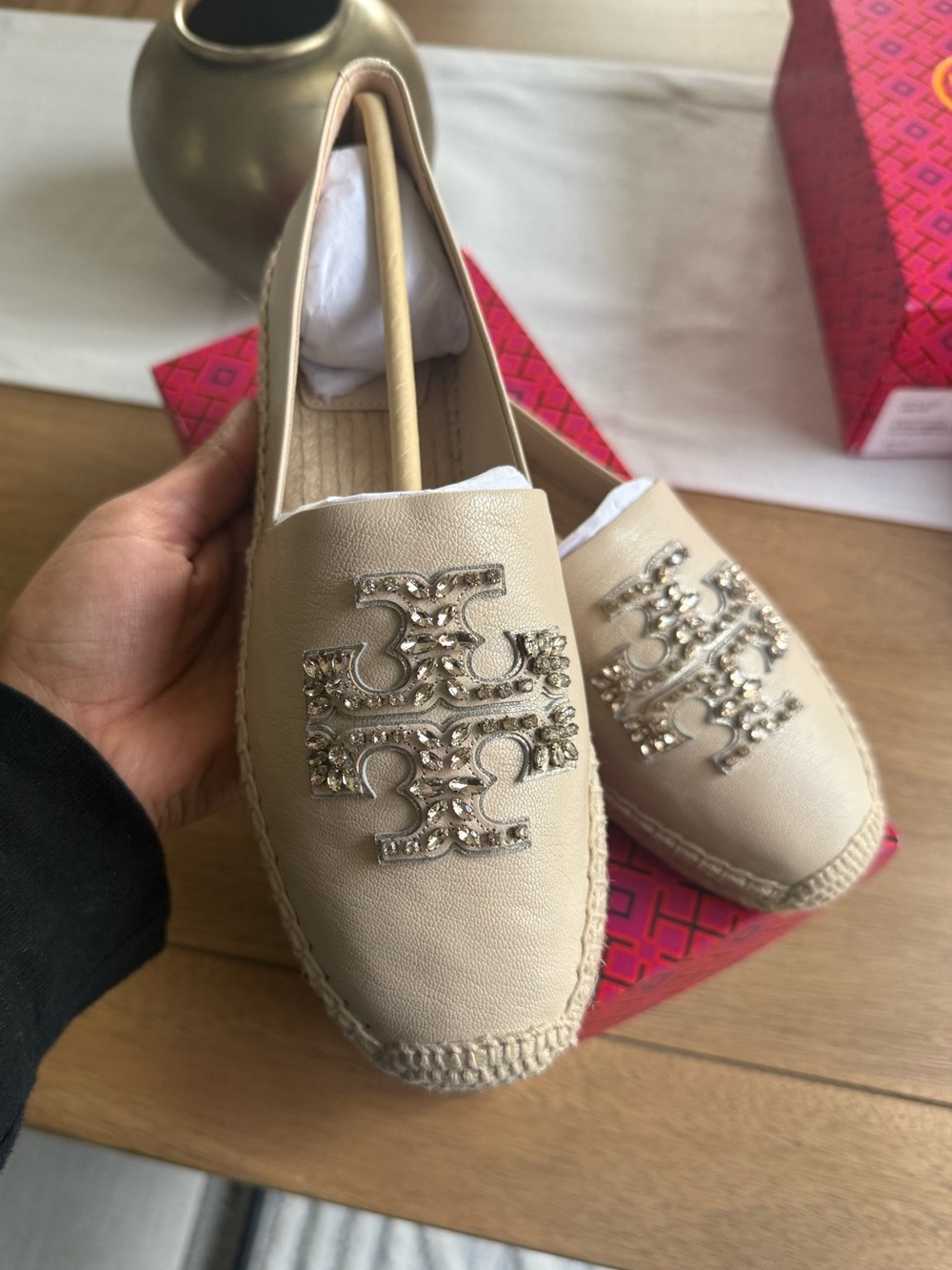 Tory Burch Beige Leather Espadrille Flats with Crystal Logo